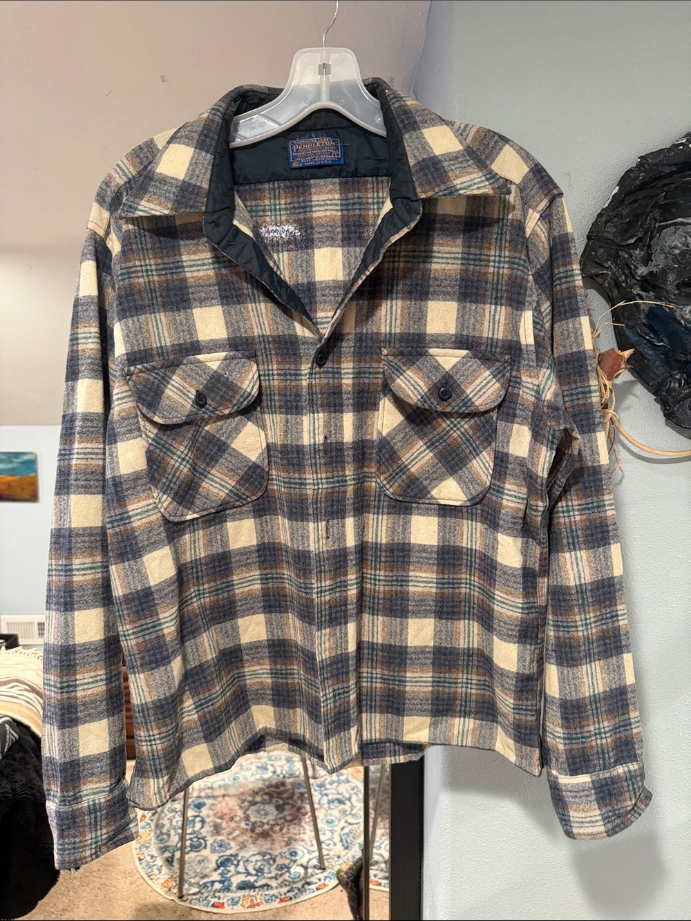 Men's Pendleton wool Blue Cream Plaid Button-Up Jacket